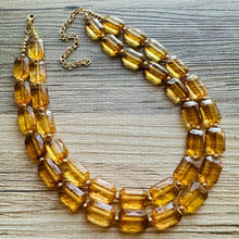 Load image into Gallery viewer, Light Brown &amp; Clear Necklace, double strand jewelry, big beaded chunky statement necklace, bridesmaid necklace olive green resin beads
