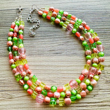 Load image into Gallery viewer, Watermelon statement necklace, pink and green, Beaded statement necklace, long coral necklace, green necklace, statement jewelry