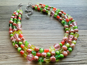 Watermelon statement necklace, pink and green, Beaded statement necklace, long coral necklace, green necklace, statement jewelry