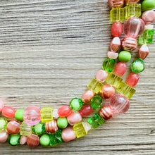 Load image into Gallery viewer, Watermelon statement necklace, pink and green, Beaded statement necklace, long coral necklace, green necklace, statement jewelry