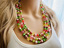 Load image into Gallery viewer, Watermelon statement necklace, pink and green, Beaded statement necklace, long coral necklace, green necklace, statement jewelry