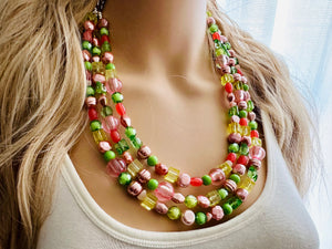 Watermelon statement necklace, pink and green, Beaded statement necklace, long coral necklace, green necklace, statement jewelry