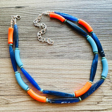 Load image into Gallery viewer, Orange &amp; Blue Color Block Chunky Statement Necklace, Big beaded jewelry, 2 Strand Statement Necklace, Bib dark blue orange beaded