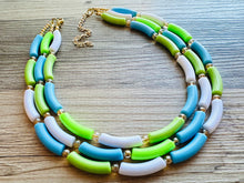 Load image into Gallery viewer, Vacation Seascape Statement Necklace, chunky bib beaded jewelry, green white blue necklace, dark blue beaded green jewelry gold