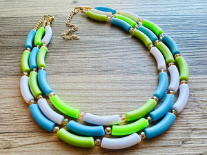 Vacation Seascape Statement Necklace, chunky bib beaded jewelry, green white blue necklace, dark blue beaded green jewelry gold