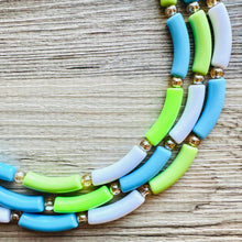 Load image into Gallery viewer, Vacation Seascape Statement Necklace, chunky bib beaded jewelry, green white blue necklace, dark blue beaded green jewelry gold