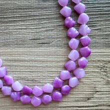 Load image into Gallery viewer, Purple Ombré statement necklace, chunky bib necklace, beaded jewelry lavender necklace, 2 strand pinkish purple jewelry white cream
