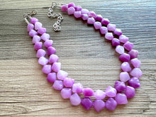 Load image into Gallery viewer, Purple Ombré statement necklace, chunky bib necklace, beaded jewelry lavender necklace, 2 strand pinkish purple jewelry white cream