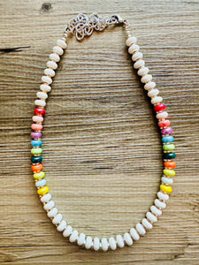 Rainbow Porcelain Block Layering Rainbow Beaded 1 Strand Necklace, Colorful Jewelry, Chunky statement jelly bean confetti silver bubble