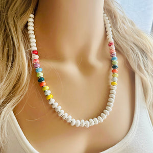 Rainbow Porcelain Block Layering Rainbow Beaded 1 Strand Necklace, Colorful Jewelry, Chunky statement jelly bean confetti silver bubble