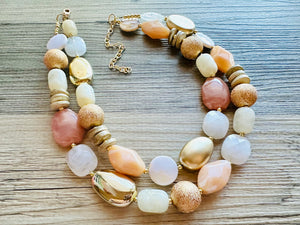 Neutral Spring Breeze Big Bead Necklace, multi Strand Statement Jewelry, toffee Chunky bib, bridesmaid necklace, brown tan beaded champagne