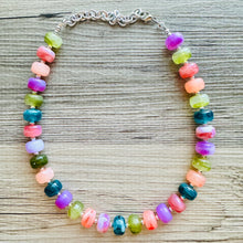 Load image into Gallery viewer, Rainbow Candy Statement Necklace, resin chunky multi-strand jewelry, olive green purple blue necklace, single strand silver necklace thick