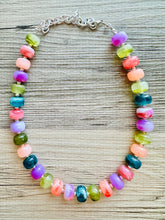 Load image into Gallery viewer, Rainbow Candy Statement Necklace, resin chunky multi-strand jewelry, olive green purple blue necklace, single strand silver necklace thick