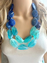 Load image into Gallery viewer, Blue Ombré statement necklace, chunky light blue necklace earrings, royal bib necklace, aqua turquoise jewelry, beaded blue necklace jewelry