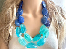 Load image into Gallery viewer, Blue Ombré statement necklace, chunky light blue necklace earrings, royal bib necklace, aqua turquoise jewelry, beaded blue necklace jewelry