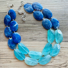 Load image into Gallery viewer, Blue Ombré statement necklace, chunky light blue necklace earrings, royal bib necklace, aqua turquoise jewelry, beaded blue necklace jewelry