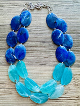 Load image into Gallery viewer, Blue Ombré statement necklace, chunky light blue necklace earrings, royal bib necklace, aqua turquoise jewelry, beaded blue necklace jewelry