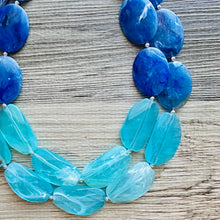Load image into Gallery viewer, Blue Ombré statement necklace, chunky light blue necklace earrings, royal bib necklace, aqua turquoise jewelry, beaded blue necklace jewelry