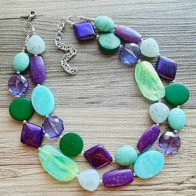 Bahama Seascape Statement Necklace, Silver green seafoam purple necklace, beaded chunky bib necklace, colorful island jewelry hunter
