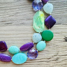 Load image into Gallery viewer, Bahama Seascape Statement Necklace, Silver green seafoam purple necklace, beaded chunky bib necklace, colorful island jewelry hunter
