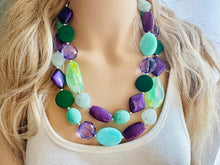 Load image into Gallery viewer, Bahama Seascape Statement Necklace, Silver green seafoam purple necklace, beaded chunky bib necklace, colorful island jewelry hunter