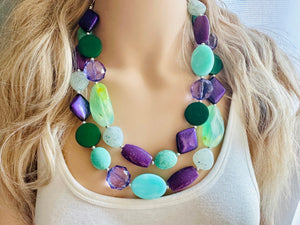 Bahama Seascape Statement Necklace, Silver green seafoam purple necklace, beaded chunky bib necklace, colorful island jewelry hunter