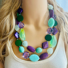 Load image into Gallery viewer, Bahama Seascape Statement Necklace, Silver green seafoam purple necklace, beaded chunky bib necklace, colorful island jewelry hunter