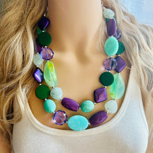 Load image into Gallery viewer, Bahama Seascape Statement Necklace, Silver green seafoam purple necklace, beaded chunky bib necklace, colorful island jewelry hunter