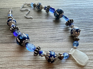 Royal Blue Single Strand Statement Necklace, Chunky Royal Blue Jasper Beaded Bib Jewelry, blue jewelry, dark blue jewlery necklace silver