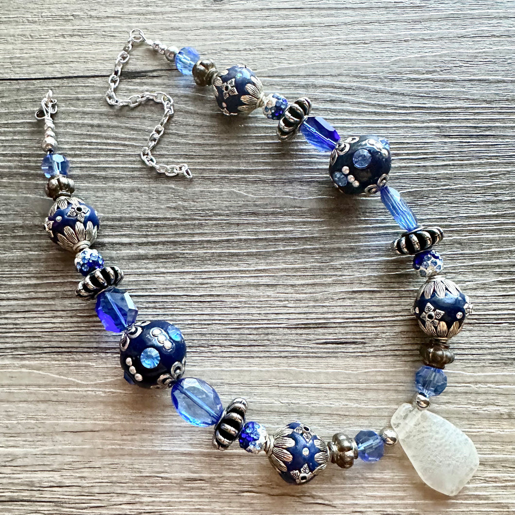 Royal Blue Single Strand Statement Necklace, Chunky Royal Blue Jasper Beaded Bib Jewelry, blue jewelry, dark blue jewlery necklace silver