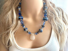 Load image into Gallery viewer, Royal Blue Single Strand Statement Necklace, Chunky Royal Blue Jasper Beaded Bib Jewelry, blue jewelry, dark blue jewlery necklace silver