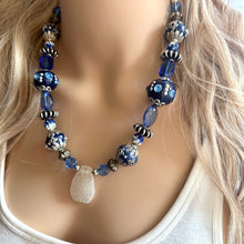 Load image into Gallery viewer, Royal Blue Single Strand Statement Necklace, Chunky Royal Blue Jasper Beaded Bib Jewelry, blue jewelry, dark blue jewlery necklace silver