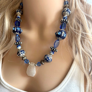 Royal Blue Single Strand Statement Necklace, Chunky Royal Blue Jasper Beaded Bib Jewelry, blue jewelry, dark blue jewlery necklace silver