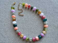 Load image into Gallery viewer, Rainbow Candy Statement Necklace, resin chunky multi-strand jewelry, olive green purple blue necklace, single strand gold necklace thick