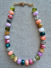 Load image into Gallery viewer, Rainbow Candy Statement Necklace, resin chunky multi-strand jewelry, olive green purple blue necklace, single strand gold necklace thick