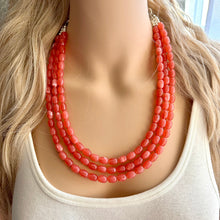 Load image into Gallery viewer, Chunky Multi Strand Grapefruit Statement Necklace, pink coral orange beaded jewelry, jelly necklace, coral jewelry, peach bridesmaid, dressy