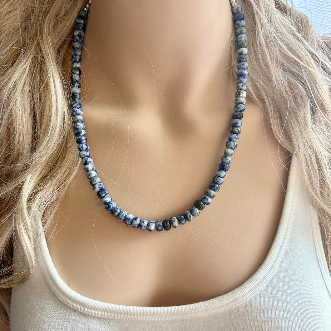 Natural Blue Spot Jasper Beaded 1 strand Statement Necklace, Chunky Bib Single Jewelry stone jewelry, gemstone layering dark blue navy