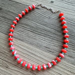 Coral & Mint single Strand statement necklace, beaded chunky jewelry, Coral Orange Bib Jewelry Set, jewelry peach pink single strand