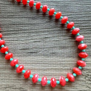 Coral & Mint single Strand statement necklace, beaded chunky jewelry, Coral Orange Bib Jewelry Set, jewelry peach pink single strand