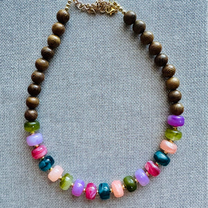 Natural wood + Rainbow Necklace, single strand jewelry, big beaded chunky statement drop bridesmaid wedding champagne geometric resin