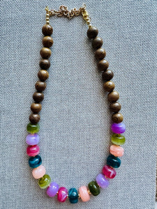 Natural wood + Rainbow Necklace, single strand jewelry, big beaded chunky statement drop bridesmaid wedding champagne geometric resin