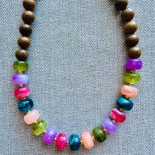 Load image into Gallery viewer, Natural wood + Rainbow Necklace, single strand jewelry, big beaded chunky statement drop bridesmaid wedding champagne geometric resin