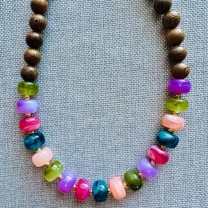 Natural wood + Rainbow Necklace, single strand jewelry, big beaded chunky statement drop bridesmaid wedding champagne geometric resin