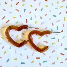 Load image into Gallery viewer, Creamy Tortoise Shell Swirl Geometric Open Heart Hoop earrings set jewelry, acrylic hoops statement resin Valentine fall, dark brown