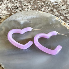 Load image into Gallery viewer, Lavender Creamy Rainbow Geometric Open Heart Hoop earrings set, pastel jewelry, acrylic purple bridesmaid statement resin Valentine fall