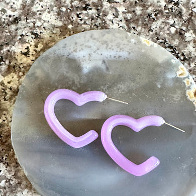 Lavender Creamy Rainbow Geometric Open Heart Hoop earrings set, pastel jewelry, acrylic purple bridesmaid statement resin Valentine fall