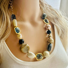 Load image into Gallery viewer, Black &amp; Gold “Class Act” Chunky Statement Necklace single Strand Beaded jewelry, bridesmaid bib wedding gemstone, bubble necklace