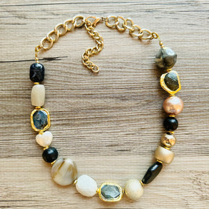 Black & Gold “Class Act” Chunky Statement Necklace single Strand Beaded jewelry, bridesmaid bib wedding gemstone, bubble necklace