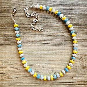 Yellow & Blue Porcelain Block Layering Rainbow Beaded 1 Strand Necklace, Colorful Jewelry, Chunky statement necklace, confetti bubble