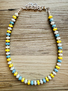 Yellow & Blue Porcelain Block Layering Rainbow Beaded 1 Strand Necklace, Colorful Jewelry, Chunky statement necklace, confetti bubble